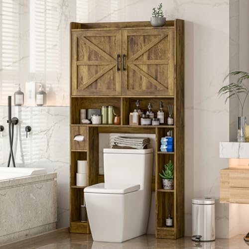 Vabches Over The Toilet Storage Cabinet with Barn Doors, Brown | Toilet Cabinet Rack, Space Saving Bathroom Organizer with Shelves, Toilet Paper Holder and Towel Rack for Bathroom,Laundry. - color: Brown