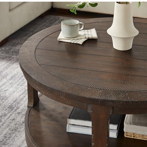 40'' Round Wood Coffee Table Circle Coffee Table with 4 Wheel for Living Room, Modern Retro Farmhouse Style, Easy Assembly, Dark Brown(ø40'' x 17.52'') - color: S1-ø40'' -Dark Brown
