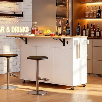 Kitchen Island with Storage, 55" Kitchen Cart with Charging Station, Rolling Kitchen Island Table with Drop-Leaf, 3 Drawers, Barn Doors, Towel Rack and Spice Rack, White and Natural - color: White + Natural
