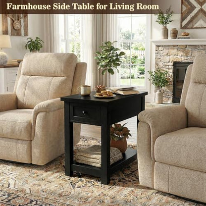 Armocity Narrow End Table Set of 2 with Charging Station - Farmhouse Side Tables with Drawers, 14" Wood Nightstands Set of 2 for Bedroom Living Room, Slim Couch Bedside Table Small Spaces, Black - color: Black, size: 2 Pack