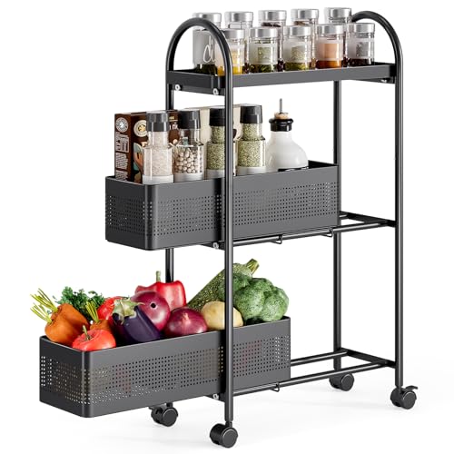 KINGRACK 3-Tier Slim Kitchen Storage Cart, Metal Utility Cart with Drawer, Rolling Trolley with Lockable Wheels, Easy Assembly Narrow Space Shelving for Kitchen Bathroom Laundry Room, Black - color: Black, size: 3 Tier-2BKT