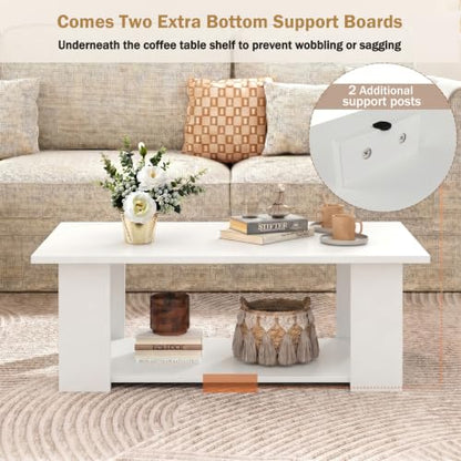 POWERSTONE 41 Inch 2-Tier Coffee Table with Storage Shelf, Wood Farmhouse Center Table with L Legs & Extra Bottom Support for Living Room, White - color: White