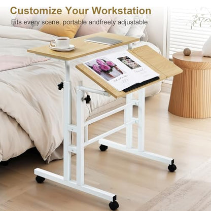 VECELO Mobile Small Standing Desk Adjustable Height, Computer Workstations with Tiltable Tabletop, Lockable Wheels, Portable Rolling Laptop Desk for Home Office, Oak - color: Oak