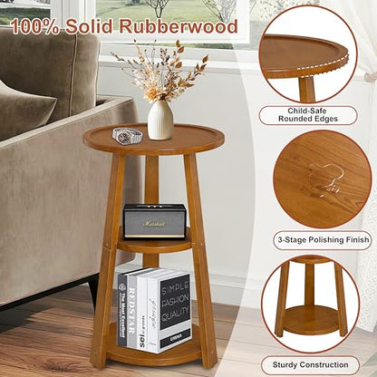 Small Round Side Table, Solid Wood 3-Tier End Table for Small Spaces, 13 Inch Compact Drink Table, Round Wood Side Table for Living Room & Bedroom, Amber Brown - color: Amber Brown