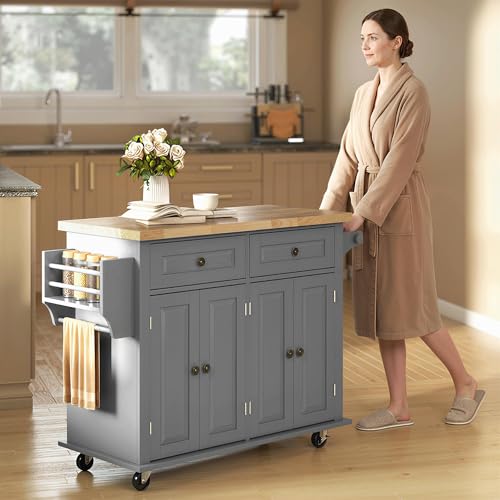 HOMCOM Kitchen Island Cart with Rubber Wood Top, Rolling Kitchen Island Table on Wheels with Drawers, Adjustable Shelves, Spice Rack and Towel Rack for Dining Room, Gray - color: Grey