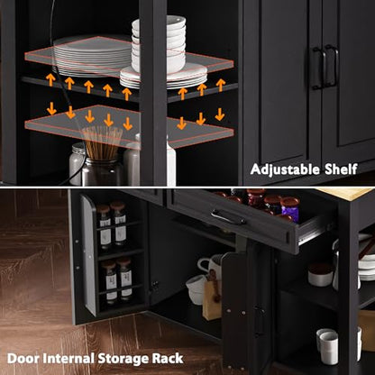 47 Extendable Countertop Coffee Station, Kitchen Storage Cabinets with Power Outlet, Kitchen Island Table with Rubber Wood Veneer for Kitchen use, Black - color: Black