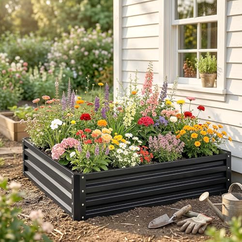 Outsunny Galvanized Raised Garden Bed, 4' x 4' x 1' Metal Planter Box, for Growing Vegetables, Flowers, Herbs, Succulents, Gray - color: Gray, size: 4' x 4' x 1'