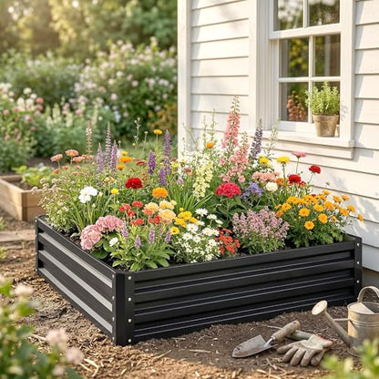 Outsunny Galvanized Raised Garden Bed, 4' x 4' x 1' Metal Planter Box, for Growing Vegetables, Flowers, Herbs, Succulents, Gray - color: Gray, size: 4' x 4' x 1'