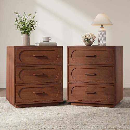 YANSNWO Walnut Nightstand Set of 2 with Charging Station, 21.7" Modern End Table with 3 Drawers Storage, Open Shelf, Mid Century Bedside Table with Unique Base Design for Bedroom, Living Room - color: Walnut, size: 15.7"D x 21.7"W x 25.8"H (3 Drawers/2 PC