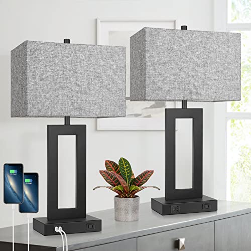 Set of 2 Modern Touch Control Table Lamps with 2 USB Ports, 22’’ Large Bedside Nightstand Lamps 3-Way Dimmable Desk Lamp With Grey Fabric Shade For Bedrooms Living Room Reading, 2 LED Bulbs Included | 3 Way Dimmable, Touch Control, Grey Fabric Shade, E26