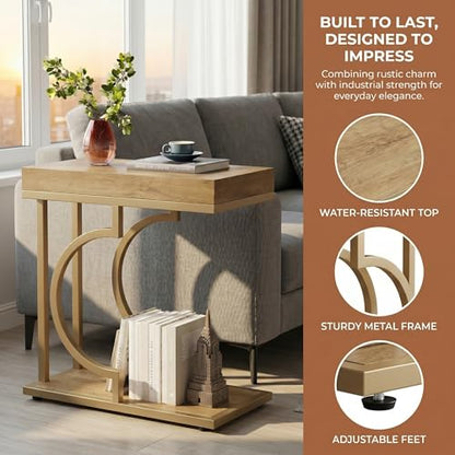 Tribesigns C Shaped Modern End Table for Coach with Metal Frame | Oak Wood Grain, Small Side Table for Living Room, Nightstand for Bedroom, Light Brown&Gold - color: Brown&gold