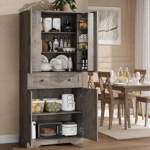Garvee 71" Kitchen Pantry Cabinet, Barn Door Freestanding Cupboard with Drawer, Sliding Storage Rack, and 6 Hanging Shelves for Kitchen, Dining Room, Living Room Bedroom - color: Grey
