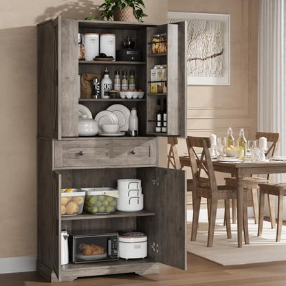 Garvee 71" Kitchen Pantry Cabinet, Barn Door Freestanding Cupboard with Drawer, Sliding Storage Rack, and 6 Hanging Shelves for Kitchen, Dining Room, Living Room Bedroom - color: Grey