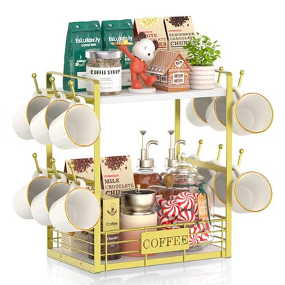 EsLuker.ly Coffee Mug Cup Holder Tree Bar Station Organizer, 2 Tier Mug Stand Rack for Countertop Kitchen, Storage Tower Display Shelf with 12 Hooks, Coffee Nook Enhancer, White-Gold - color: White + Gold