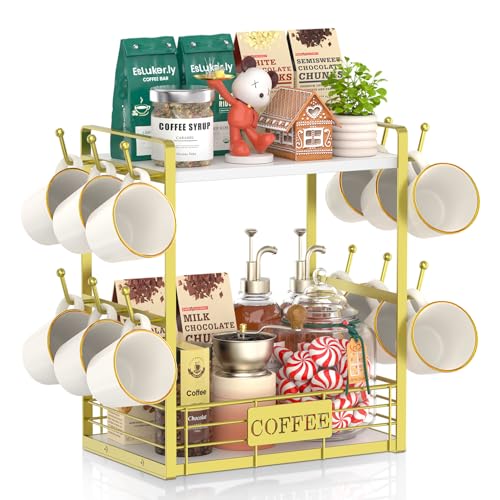 EsLuker.ly Coffee Mug Cup Holder Tree Bar Station Organizer, 2 Tier Mug Stand Rack for Countertop Kitchen, Storage Tower Display Shelf with 12 Hooks, Coffee Nook Enhancer, White-Gold - color: White + Gold
