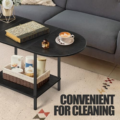 Black Coffee Tables for Living Room,Mid Century Oval Small Center Table with Storage Shelf and Wood Tabletop,2-Tier Farmhouse Low Cocktail Tea Table for Small Space,Apartment - color: Black