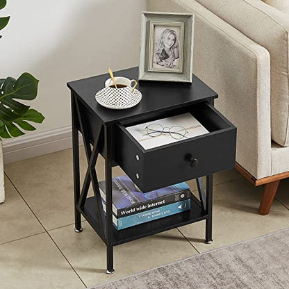 VECELO End Tables, Modern Nightstand with Drawer & Shelf, Night Stand for Bedroom Living Room ,Industrial Metal Frame - color: Black, size: End Table