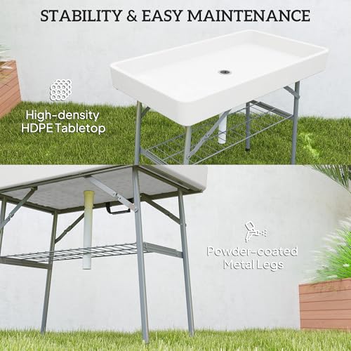 Outsunny 3.4ft Folding Ice Cooler Table with Drain, Fill and Chill, Outdoor with Storage Shelf, Drink Cooler for Parties Picnic BBQ Camping Wedding, White