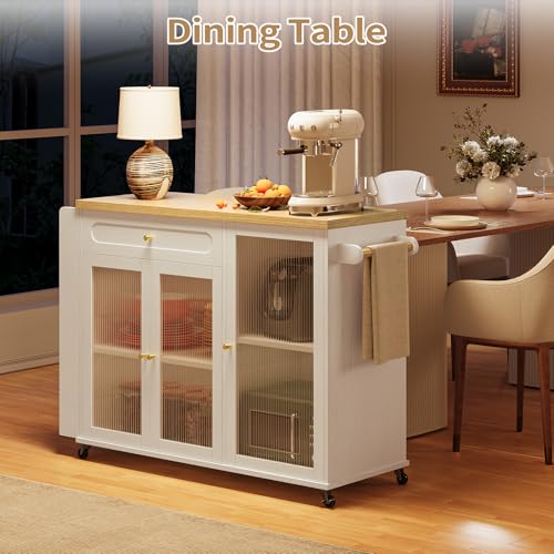 Kitchen Island with Power Outlet - Kitchen Cart on Wheels with Storage Cabinets & Drawers, Rolling Island Table with Spice & Towel Rack, Portable Islands with Large Wood Counter, Dinning Room - color: White