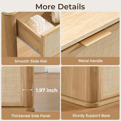 Night Stand, 30.71" W Rattan Nightstand with 3 Drawers, Faux Marble Top Bedside Table, Boho Mid Century End Table for Bedroom Living Room Sofa Office, Natural Oak [FSC Certified] - color: Natural Oak, size: 15.63"D x 30.71"W x 23.94"H（3 Drawer）