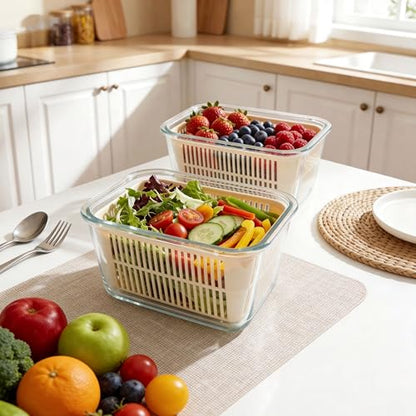 Urban Green Glass Food Storage Containers with Glass Lids, Microwave Safe Food Container Set, Aitight Meal Prep Container Set, BPA Free, 2 extra Colanders, LeakProof, 2 Pack of 60oz - color: Ivory White- 2RT