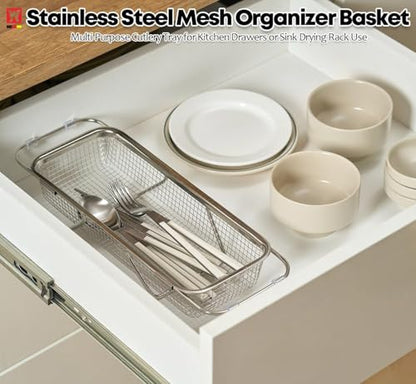 WAGENSTEIGER Extendable Dish Rack with Feet, Vegetable Colander Basket, Stainless Steel Dish or Silverware Drying Rack, Ultimate Kitchen Organizer Over the Sink (12.40 x 5.12 x 2.36 Inches) - size: 12.40 x 5.12 x 2.36 Inches