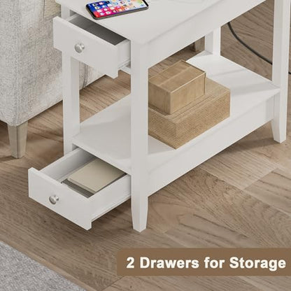Treocho End Tables Living Room Set of 2 with Charging Station and 2 Drawers | Narrow Side Table with Ample Storage, Sofa Bedside Table for Small Spaces, Living Room, Bedroom, White - color: White