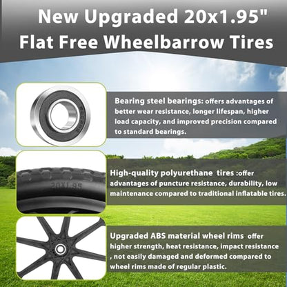 Upgraded 20" Flat Free Wheels for rubbermaid Wheelbarrow Tires | 20" Flat Free Tires with 5/8" and 3/4" Bearings Replacement for rubbermaid Cart Wheels/Big Wheel Utility Carts - color: Black