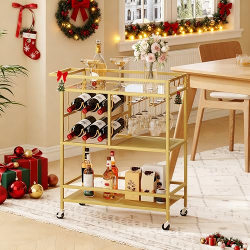 MAHANCRIS Bar Cart for Home, 3-Tier Serving Cart with Wheels and Handle, Beverage Cart with Wine Rack and Glass Holders, Rolling Wine Cart for Kitchen, Dining Room, Gold RCJ61B01 - size: 24.8''L x 11''W x 32''H