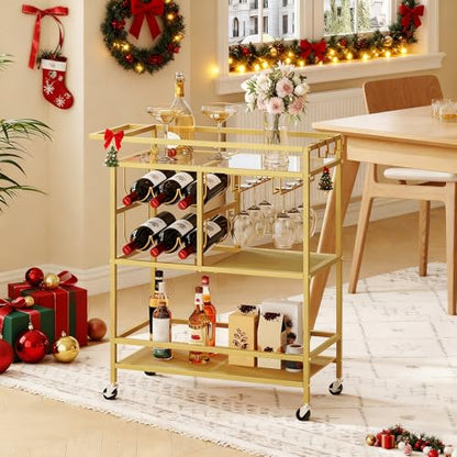 MAHANCRIS Bar Cart for Home, 3-Tier Serving Cart with Wheels and Handle, Beverage Cart with Wine Rack and Glass Holders, Rolling Wine Cart for Kitchen, Dining Room, Gold RCJ61B01 - size: 24.8''L x 11''W x 32''H