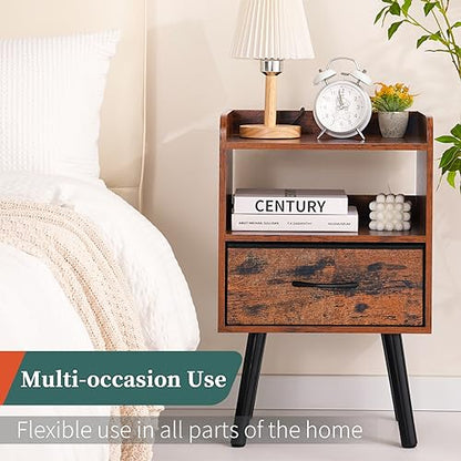 Yoobure Night Stand with Fabric Drawer, Modern Nightstand, Bedside Tables, Mid Century Nightstands with Open Storage Shelf, Wood Bedside Table, Small Night Stands for Bedrooms, 2-Tier Night Table - color: Berry Brown