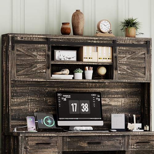 61" Farmhouse Executive Desk with Hutch & Charging Station, Wooden Computer Desk with 2 Sliding Barn Doors, 5 Drawers & Storage Cabinet with Adjustable Shelf for Home Office, Bedroom (Rustic Gray-01) - color: Rustic Gray-01