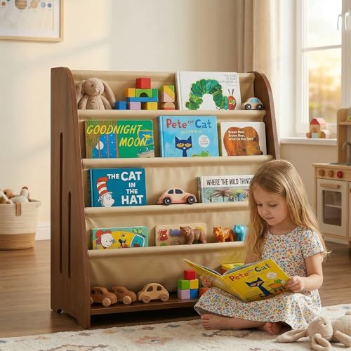Perugina Wood Kids Bookshelf 5Tier(WalnutPattern) | DutchDesign Montessori Nursery Toddler Baby Book Shelf kidsroom - color: Redwalnutwood Grainpattern