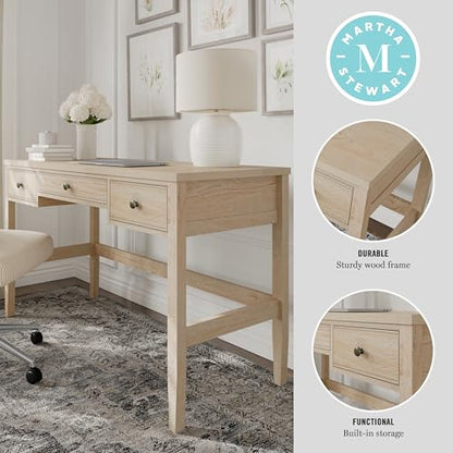 Martha Stewart Rhett Writing Desk with 3 Drawers and Tapered Legs in Light Natural with Antique Bronze Hardware