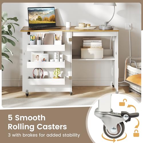 DREAMADE Folding Sewing Table with Storage, Craft Table w/Charging Station, 5 Lockable Wheels, Storage Bins & Shelf, Sewing Machine Desk for Home Office, Apartment, Studio (White & Natural) - color: White & Natural