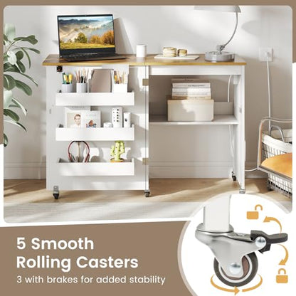 DREAMADE Folding Sewing Table with Storage, Craft Table w/Charging Station, 5 Lockable Wheels, Storage Bins & Shelf, Sewing Machine Desk for Home Office, Apartment, Studio (White & Natural) - color: White & Natural