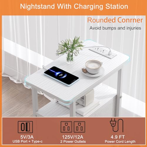 sthmec Narrow End Table with Charging Station, Narrow Side Table with 2 Fabric Drawers, LED End Table, Slim Nightstand with LED Light, Small Side Table for Small Spaces, Living Room, Bedroom, White - color: White, size: 7.87'' W x 15.75'' D x 24.37'' H, s