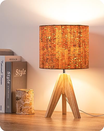EDISHINE Small Table Lamp, Wooden Tripod Nightstand Lamp with Bark Linen Shade, Farmhouse Bedside Lamp for Nursery, Bedroom, Kids Room, Office, Reading Desk, 14.2 Inch, E26 Socket, ON/Off Switch - color: Natural Wood&Bark-textured Shade