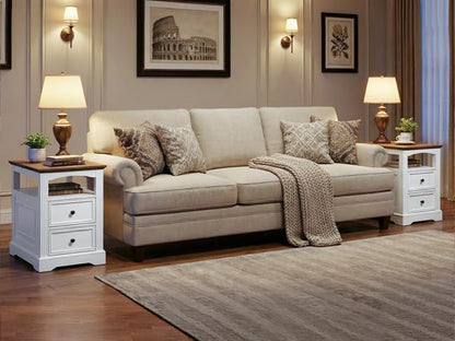 Farmhouse End Table with 2 Drawers, Narrow Sofa Side Table with Storage and Open Shelf, Wooden Nightstand for Small Spaces, Bedroom, Living Room, White and Walnut - color: White and Walnut