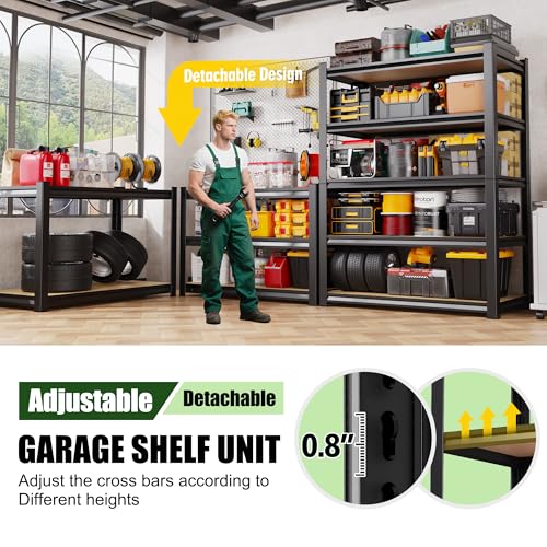 71.2" H Garage Shelving 5T Storage Shelves, Metal Adjustable Shelving Unit, Utility Garage Organizer Shelf for Basement, Pantry, Kitchen, Warehouse, 46" Wx18 Dx71.2 H, Black - size: 5-Wood-17.7"Dx45.6"Wx71.2"H