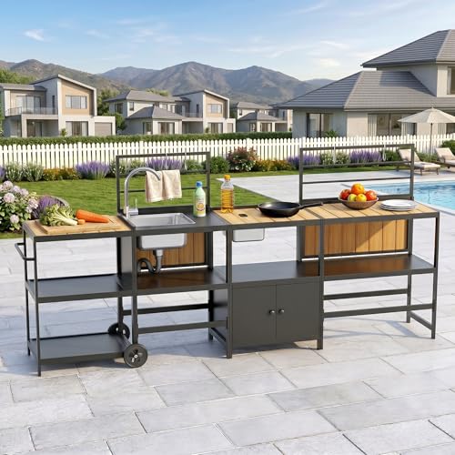LEVELEVE Modular Outdoor Kitchen Island 4-Piece Set, Aluminum Outdoor Prep Station Grill Cart with Independent Sink, Storage Cabinets & Shelves for Backyard Patio Deck - size: 4-Pieces Set