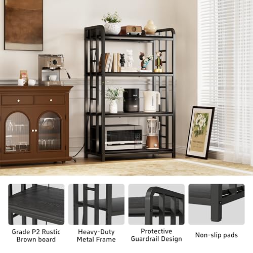 Adjustable Bakers Rack with Power Outlet, 4 Tier Microwave Oven Stand, Heavy Duty Kitchen Storage Rack for Garage Dining Room, Black