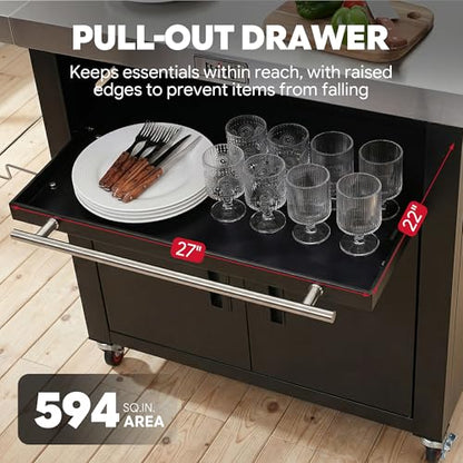 Feasto Outdoor Kitchen Island with Cabinet, 74” x 24” Rolling Grill Table | Grill Table with Stainless Steel Top for Pizza Oven& Griddles, Movable Bar Cart with Pull-Out Plate for Parties & Gathering - size: Large