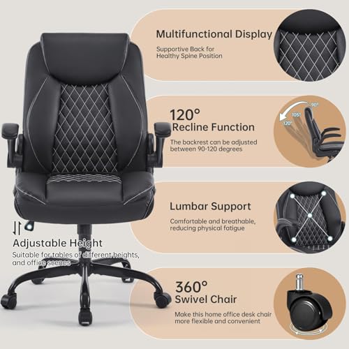 YFO Leather Office Ergonomic Home Office Desk Chair, Back Support Swivel Executive Office Chair with Wheels and Flip-Up Armrests, Small Gaming Chair with Adjustable Rocking Function, Black - color: Black