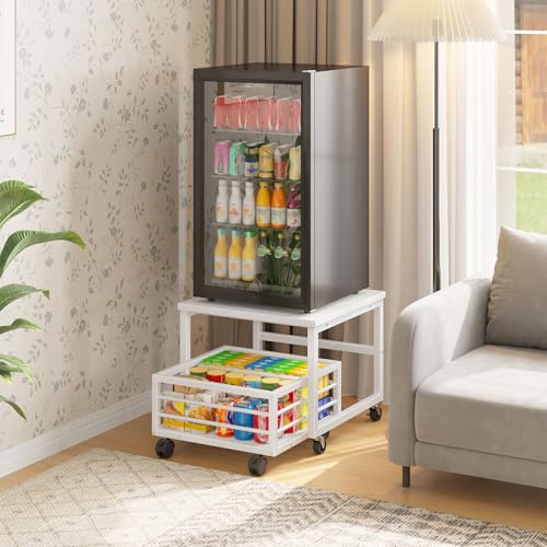HOOBRO End Table, Mini Fridge Stand with Storage, Mini Fridge Table with Wheels and Adjustable Feet, Sturdy Metal Frame, for Living Room, Bedroom, Office, White WW155TL01 - color: White