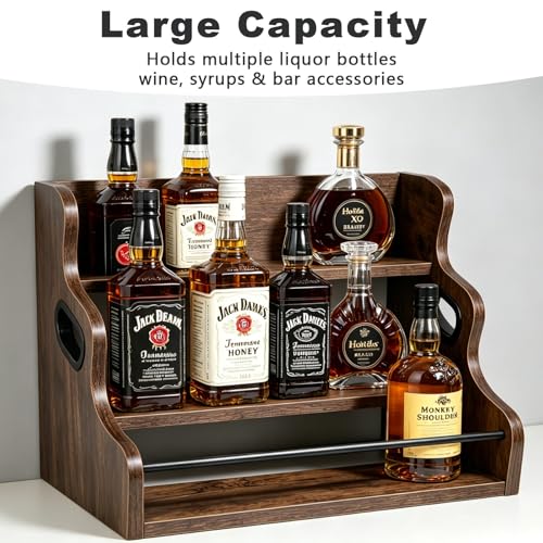 3-Tier Rustic Liquor & Wine Rack, Countertop Shelf with Guardrail & Handles for Home Bar