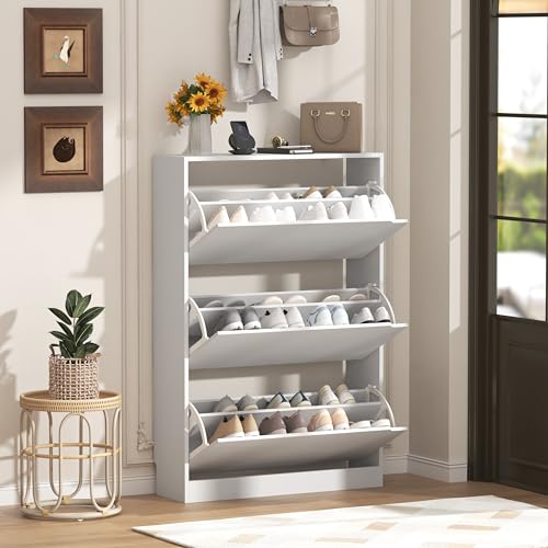 Wodeer Narrow Shoe Cabinet for Entryway, Slim Shoe Storage Cabinet with 3 Flip Drawers, Hidden Wood Shoe Cabinet Storage, Freestanding Shoe Rack Organizer Foyer, Hallway, White - color: White, style: Hidden 3 Drawers