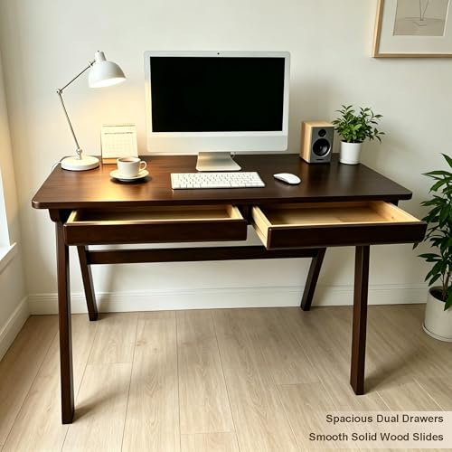 Solid Wood Desk with Drawers, Computer Desk for Home Office, Small Writing Desk for Bedroom & Small Spaces, Sturdy A-Frame, Easy Assembly (Walnut Color, 39inch)