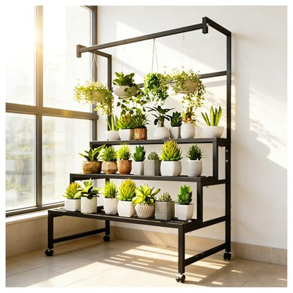 4-Tier Metal Plant Stand on Wheels, 31x24x65 H, 440 lbs Cap. | Sturdy Black Iron Tiered Plant Stand, Stair Shape Display Rack for Indoor & Outdoor Use in Home, Garden, Retail - size: 31in
