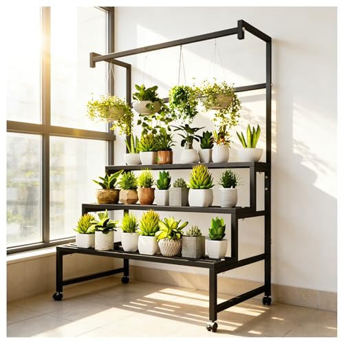 4-Tier Metal Plant Stand on Wheels, 39x24x65 H, 440 lbs Cap. | Sturdy Black Iron Tiered Plant Stand, Stair Shape Display Rack for Indoor & Outdoor Use in Home, Garden, Retail - size: 39in